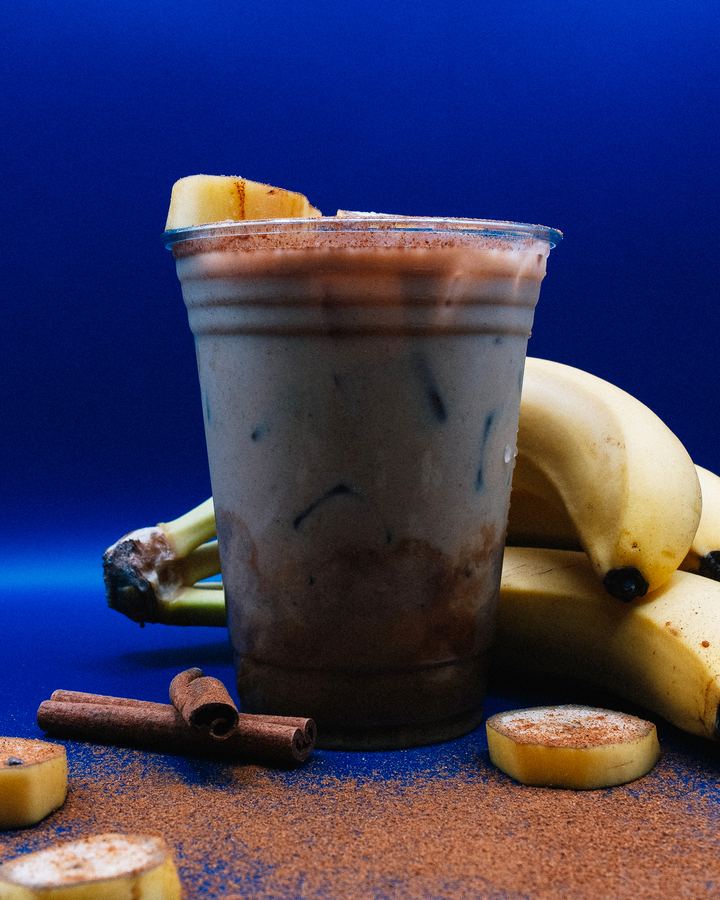 Banana Foster Latte with fresh bananas and cinnamon