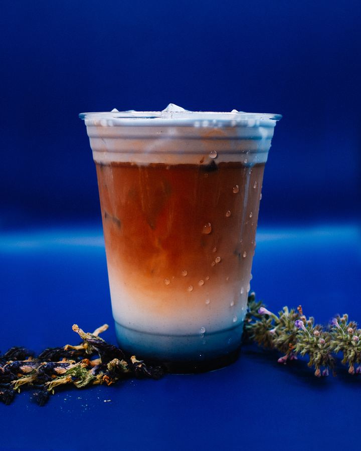 Blue Hour Latte, layered iced latte with a blue base